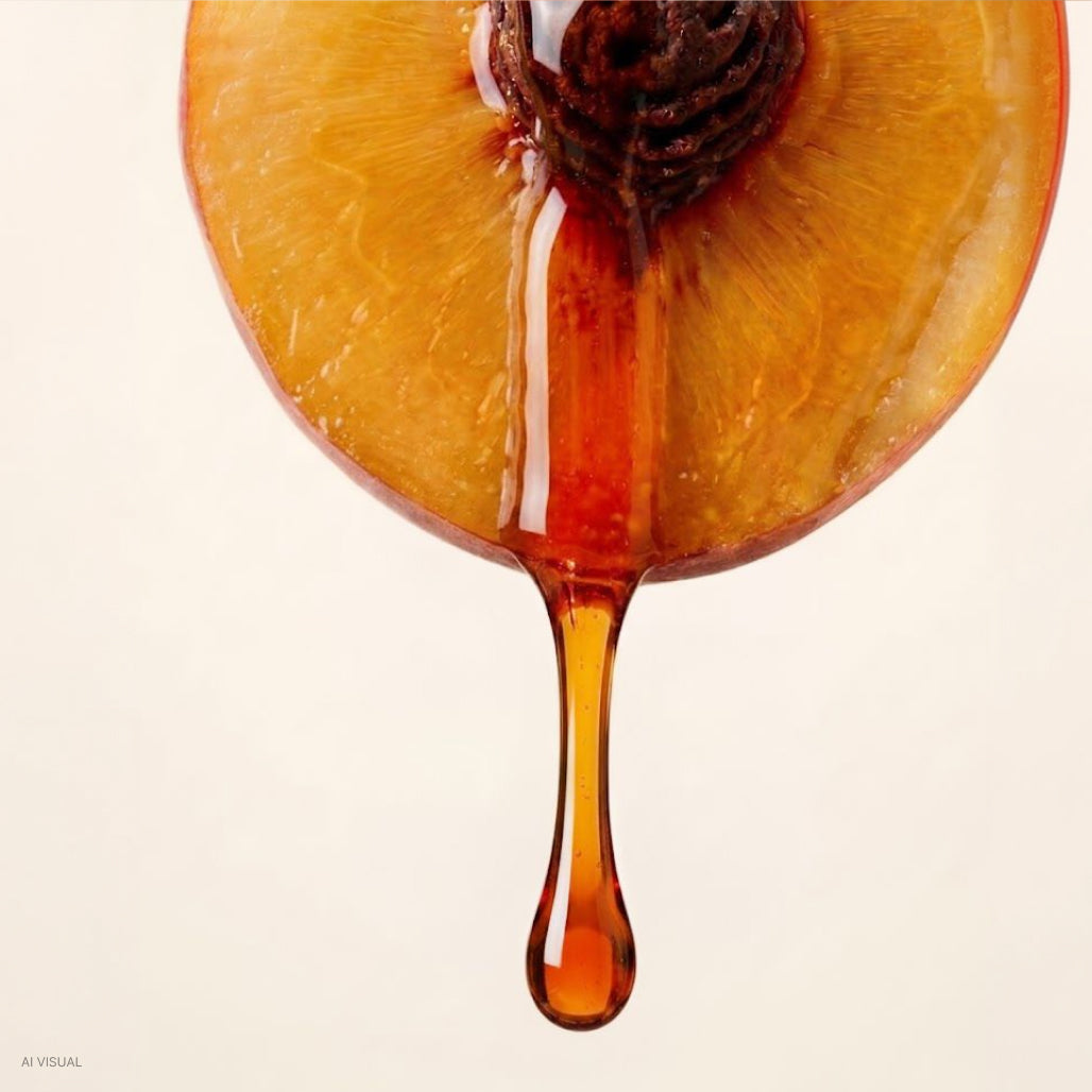 Aufgeschnittener Pfirsich mit goldenem HER ONE Liquid Kollagen Tropfen.
