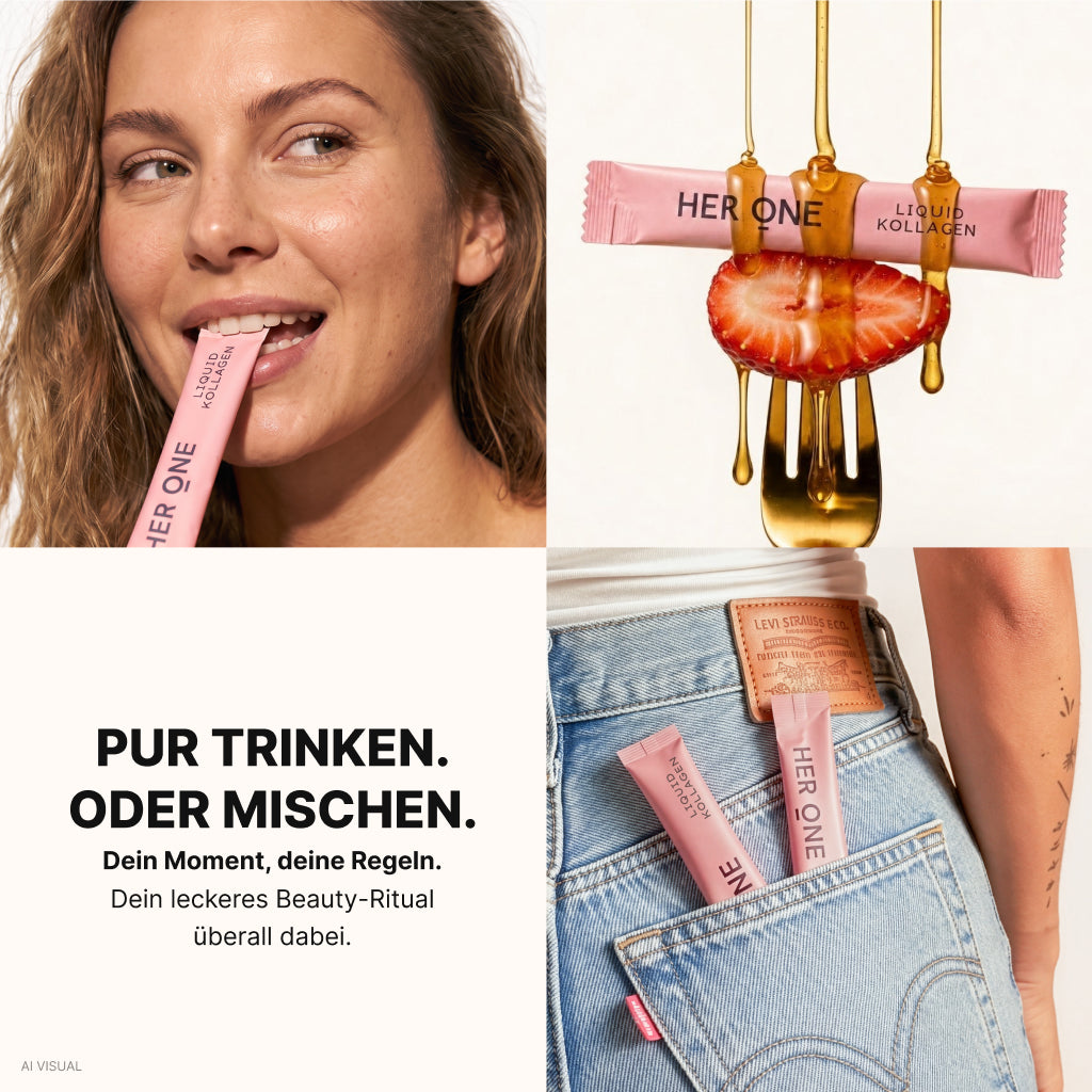 HER ONE Collagène liquide – Femme avec un stick, miel sur le stick et fraise, stick dans la poche d'un jean : à boire pur ou à mélanger.