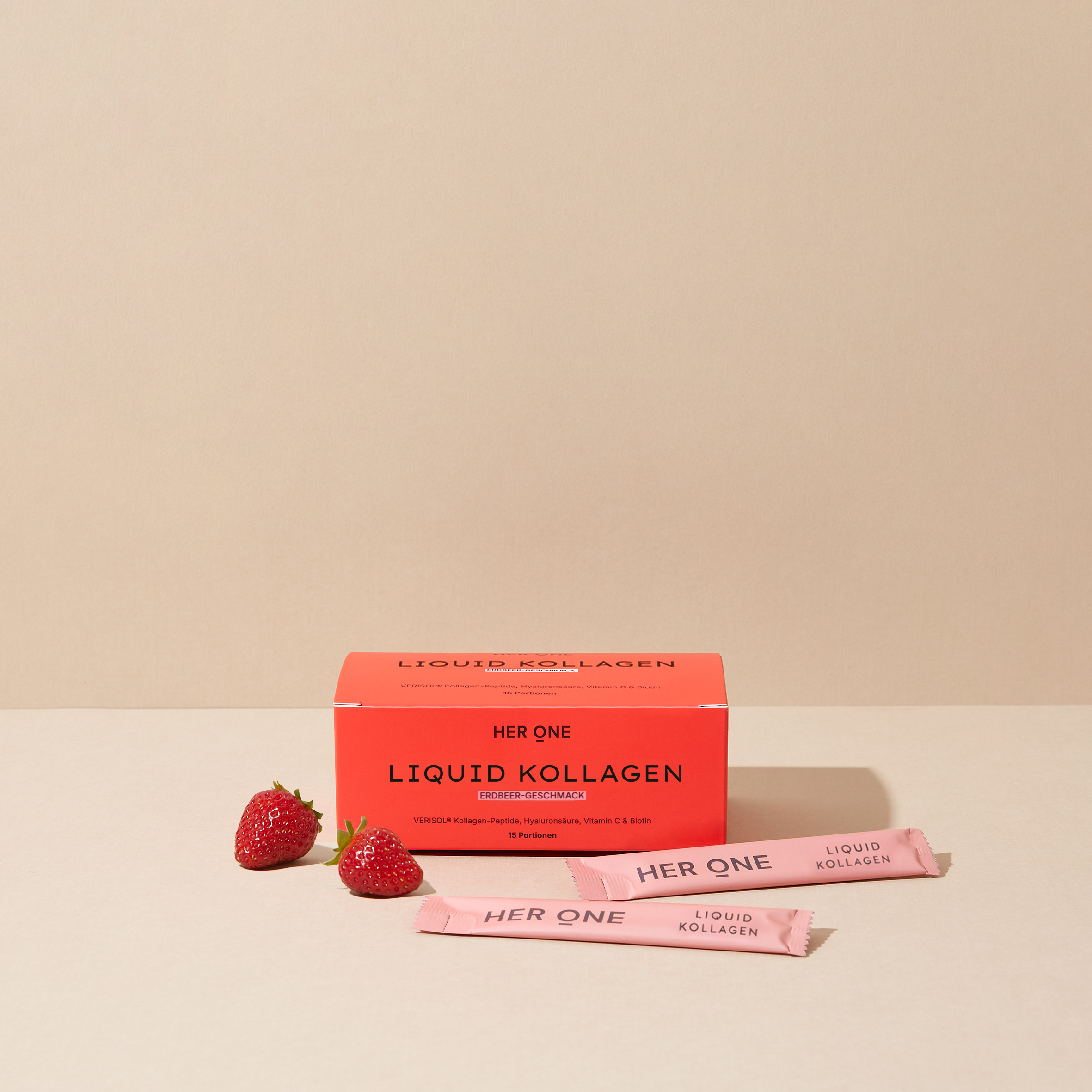 HER ONE Liquid Collagen Box, Strawberry Flavor, 15 servings with sachets and fresh strawberries