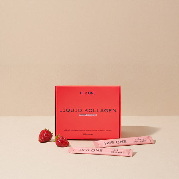 HER ONE Liquid Kollagen Box Erdbeer-Geschmack 30 Portionen mit Sachets und frischen Erdbeeren