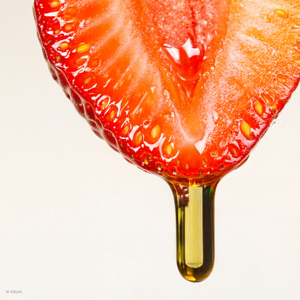 Une fraise coupée en deux, agrémentée de gouttes de collagène liquide doré HER ONE.