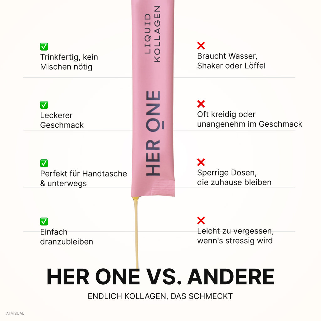 Comparaison entre HER ONE Liquid Collagen et d'autres produits à base de collagène : prêt à boire, savoureux, pratique.