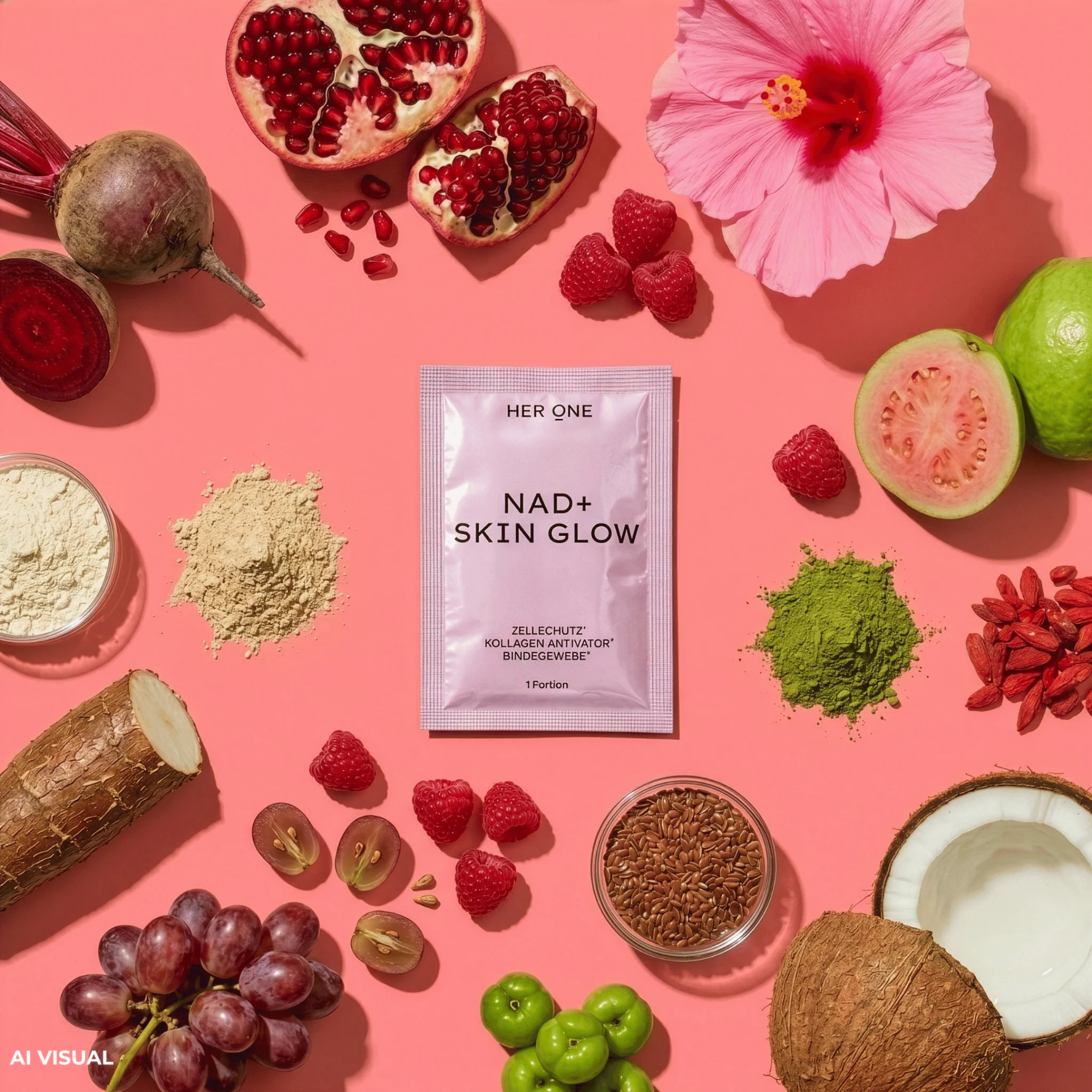 HER ONE NAD+ Skin Glow Box mit rosa Drink im Glas und frischen Himbeeren.