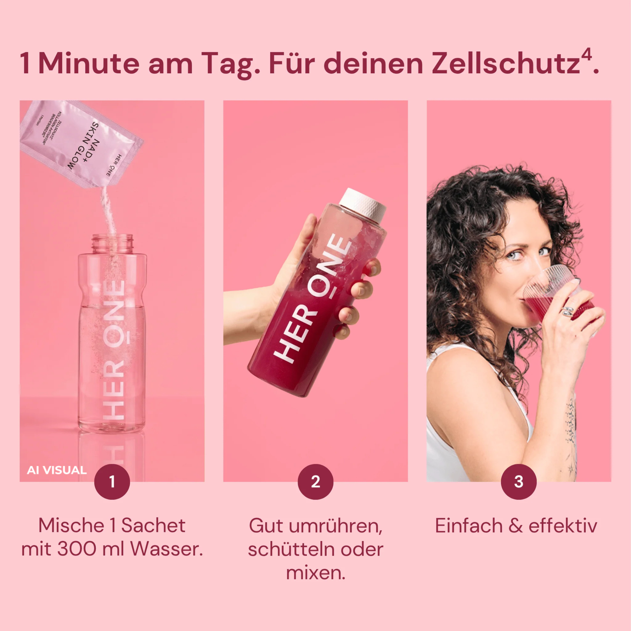 HER ONE NAD+ Skin Glow Sachet umgeben von Superfoods wie Granatapfel, Himbeeren, Hibiskus und Matcha.