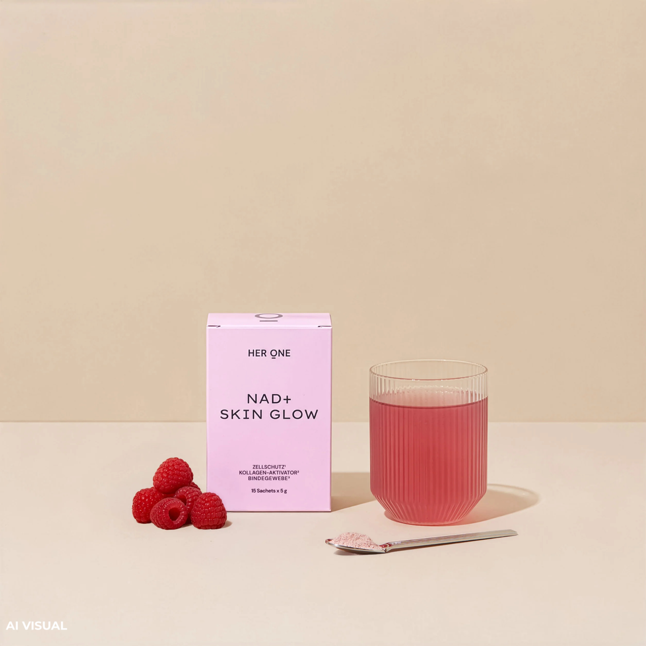 HER ONE NAD+ Skin Glow in 3 Schritten zubereiten: Sachet mit 300 ml Wasser mischen, umrühren, trinken.