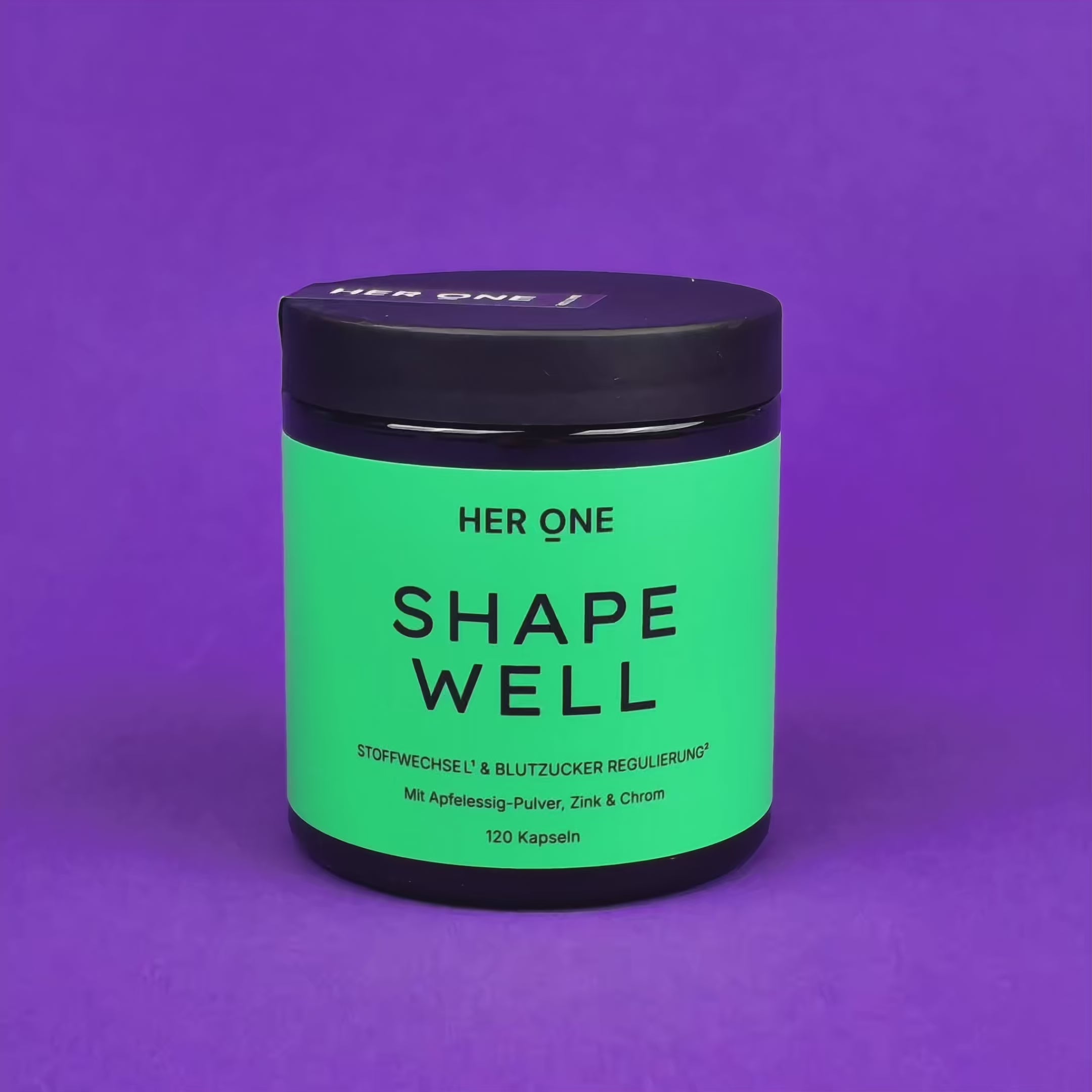 SHAPE WELL Dose auf violettem Grund, während buntes Konfetti von oben auf das Produkt herabfällt.