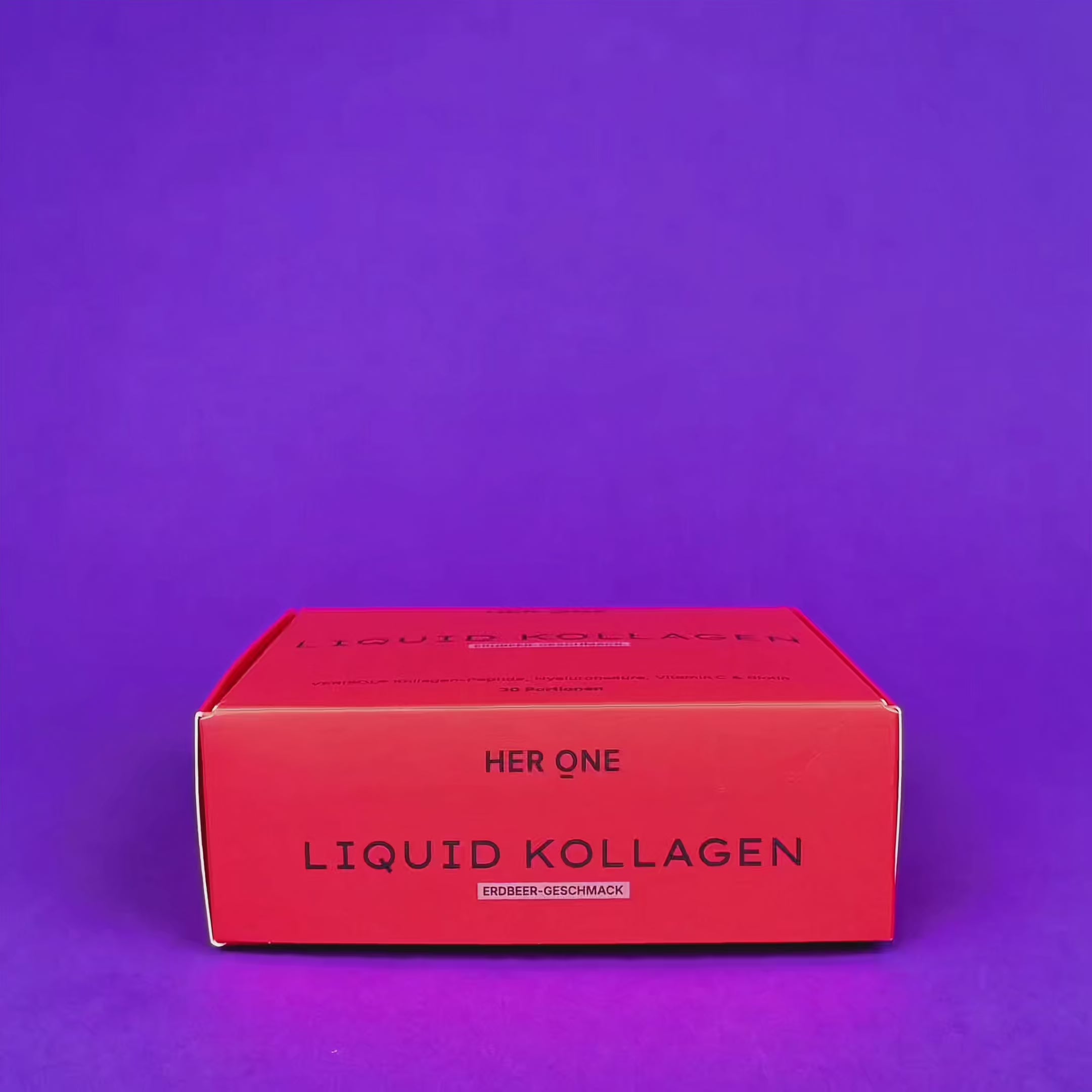 LIQUID KOLLAGEN Packung auf violettem Grund, während buntes Konfetti von oben auf das Produkt herabfällt.