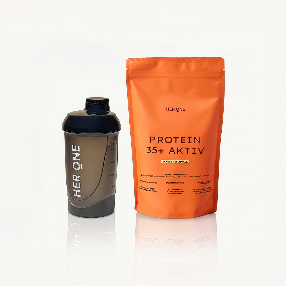 HER ONE Protein 35+ Aktiv und Shaker Duo.