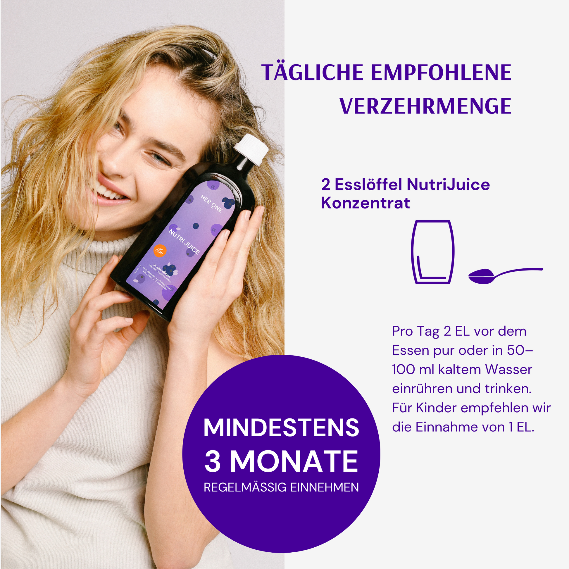 Woman smiling with bottle; text describes the recommended daily intake of NutriJuice and instructions for use.