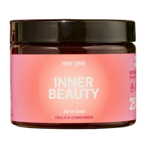 A brown jar with a pink label from the brand "Her One", labeledInner Beauty" and "Take daily".