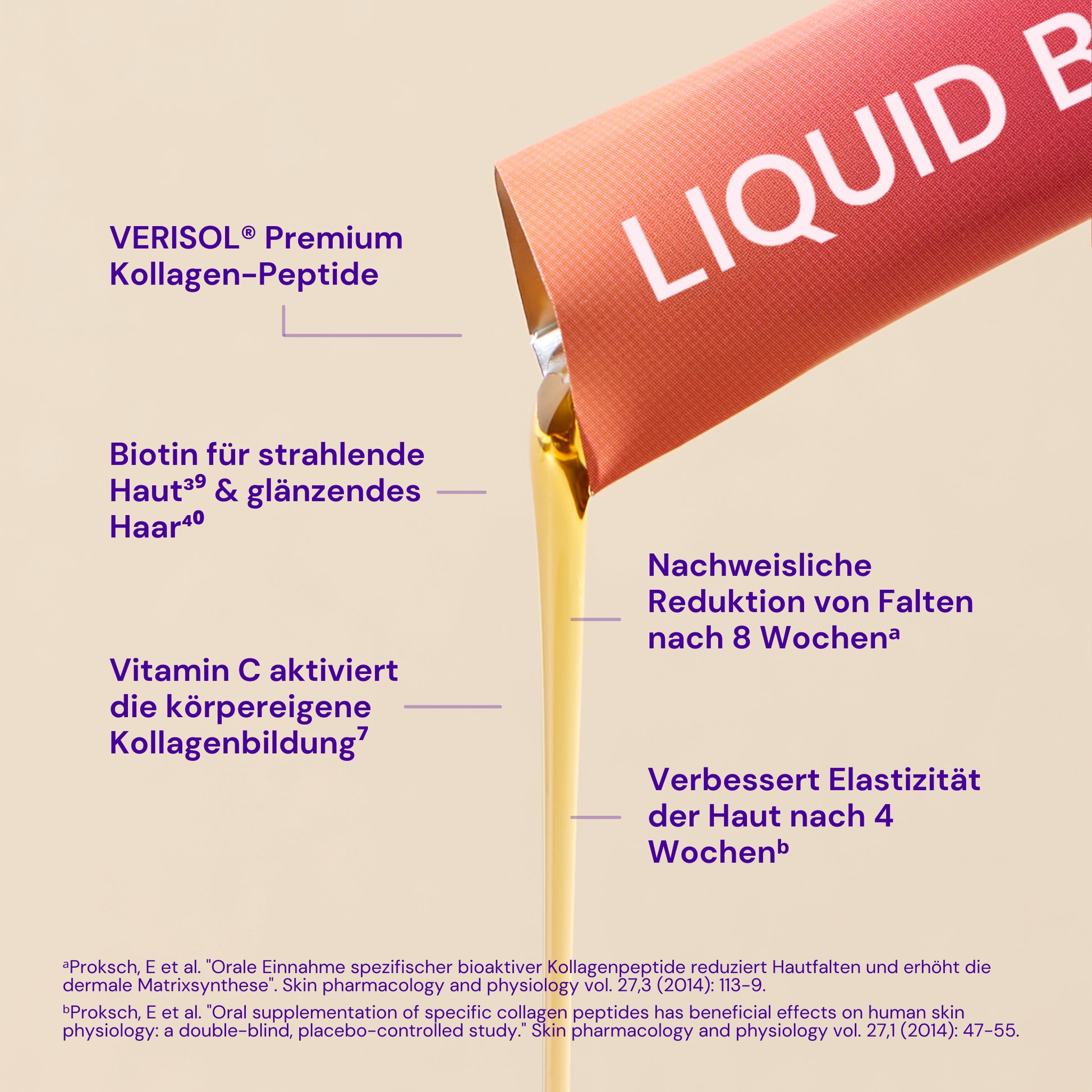 A bag labeled "Liquid Beauty" pours out yellowish liquid surrounded by texts about skin and hair benefits.