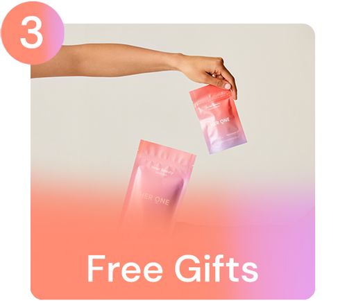 One hand holds two colorful bags labeled "HERONE" with "FreeGifts" underneath.