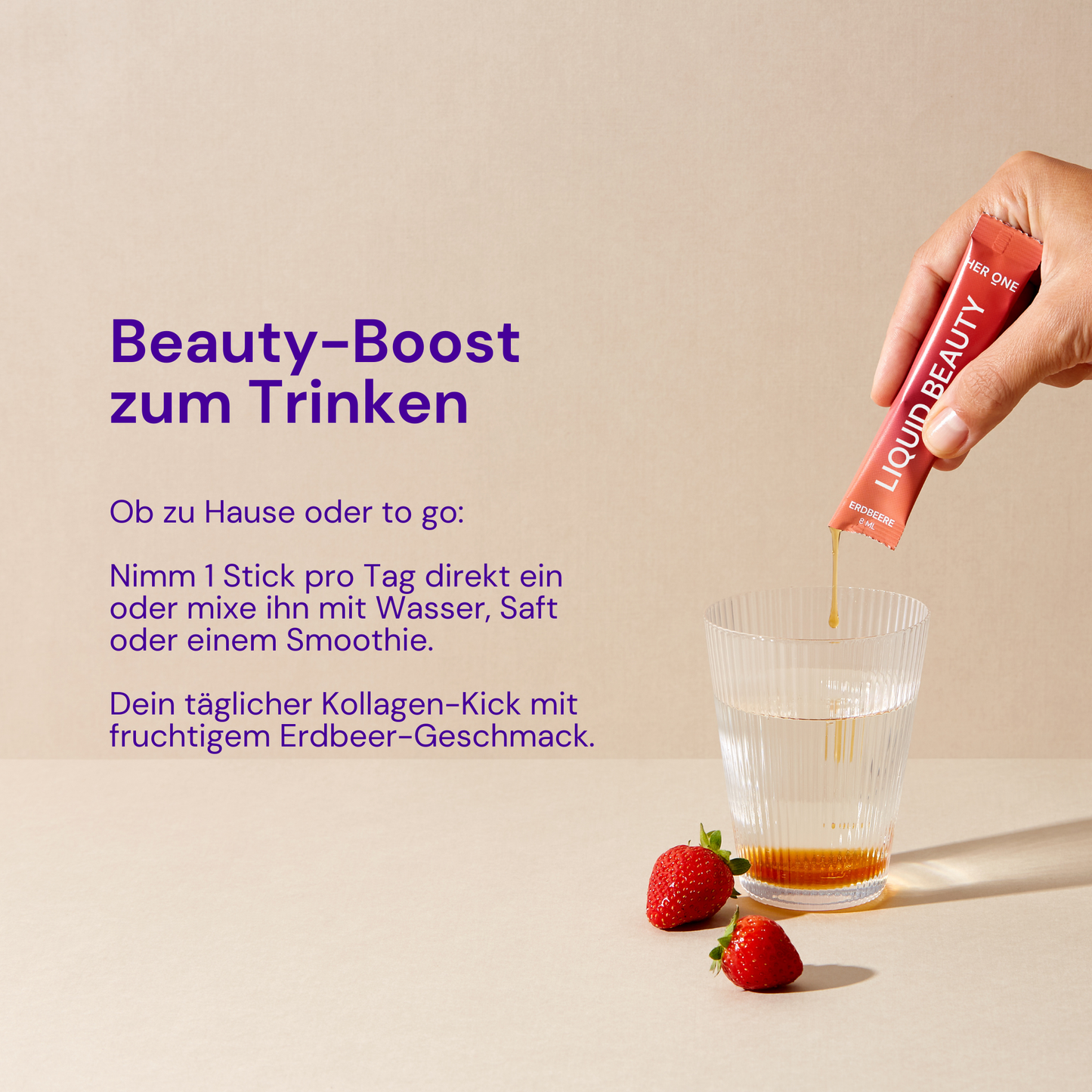 A hand pours liquid from a red stick into a glass next to two strawberries. Text describes a beauty drink.