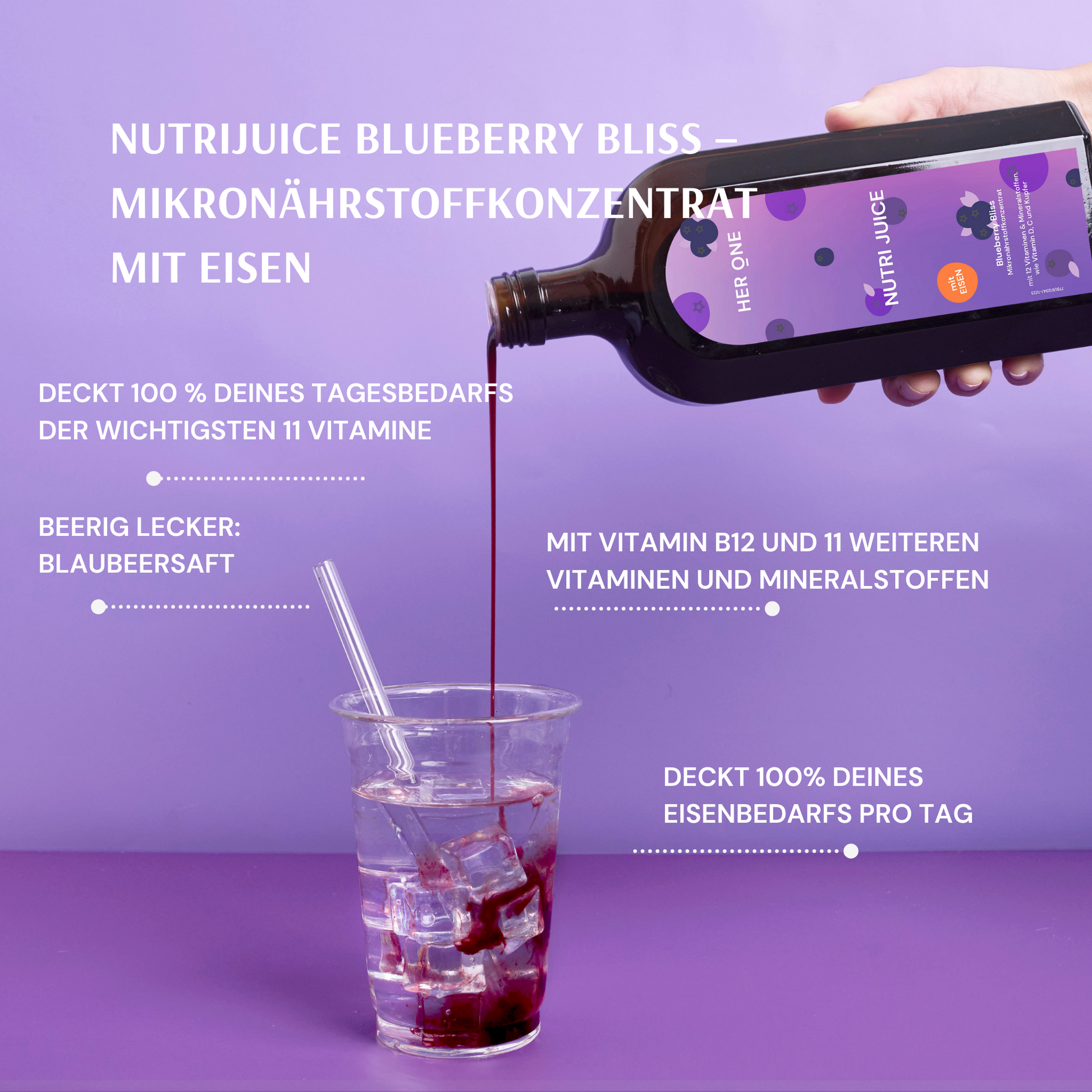 Bottle of berry drink is poured into a glass with ice cubes on a purple background, accompanied by product text.
