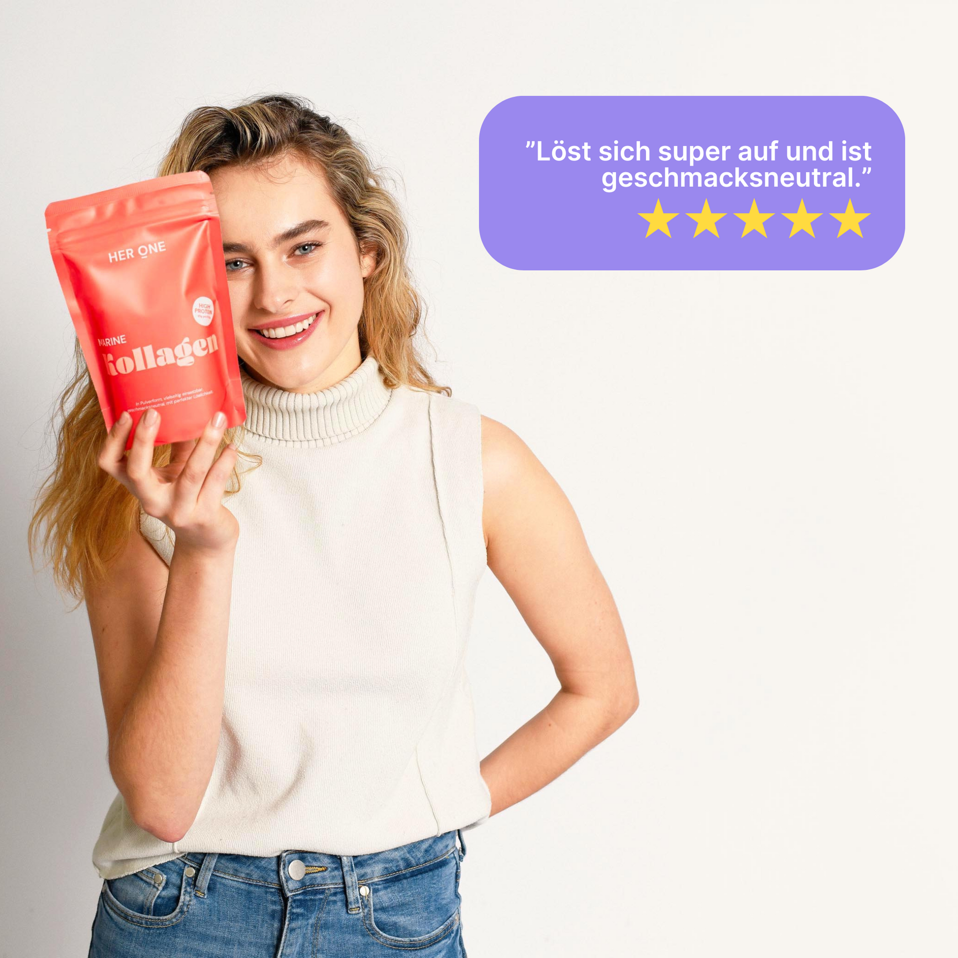 Woman with loose braid holding collagen bag, next to her a speech bubble with 5-star rating.