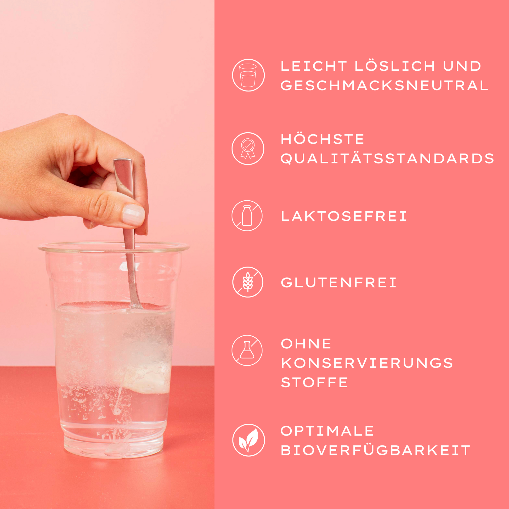 A hand stirs in a glass of water with text about solubility, quality and free-from properties.