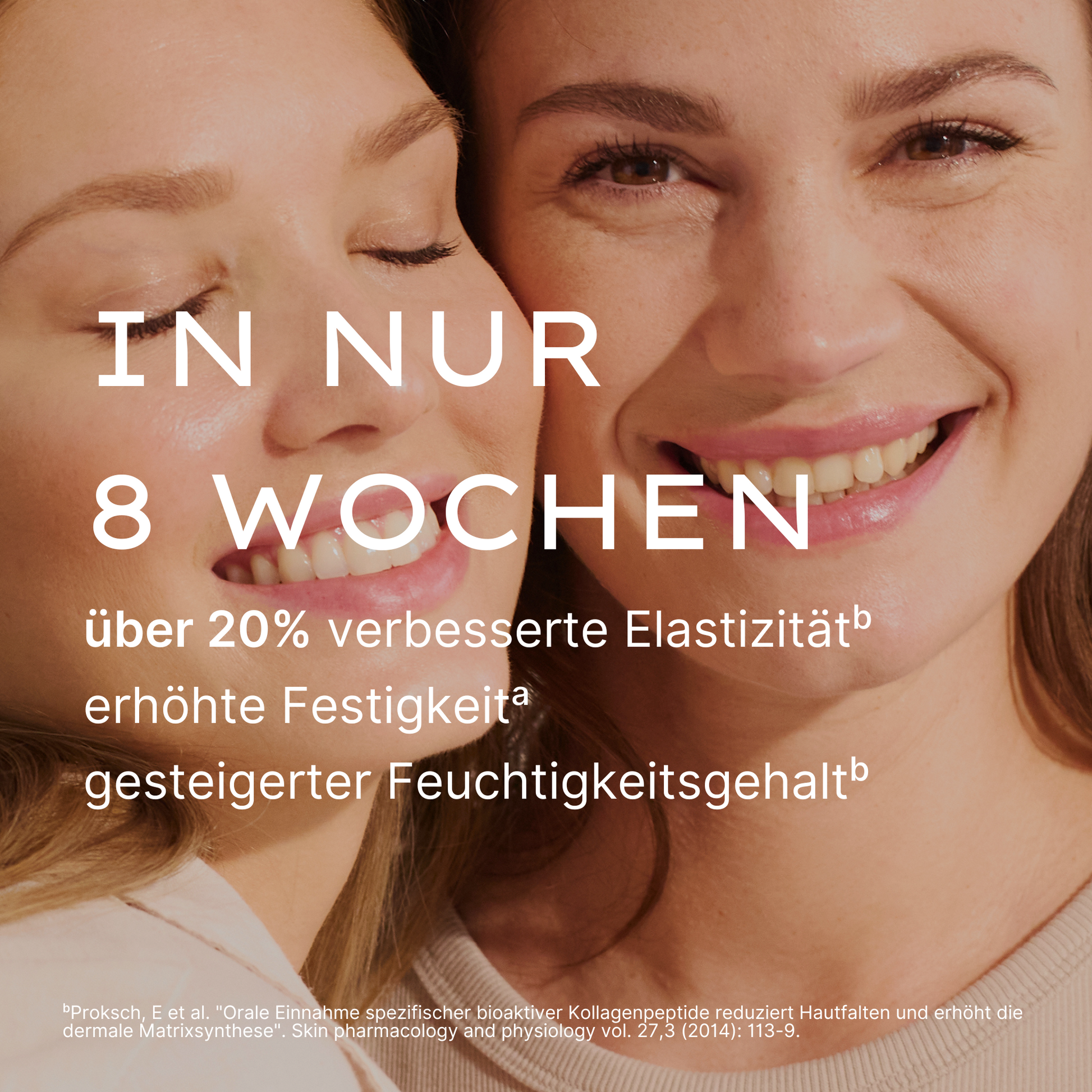 Two smiling women next to each other, text about improved skin elasticity and moisture content in 8 weeks.