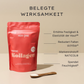 Red collagen powder packaging next to wooden spoon, text "Proven effectiveness" and product benefits on beige background.