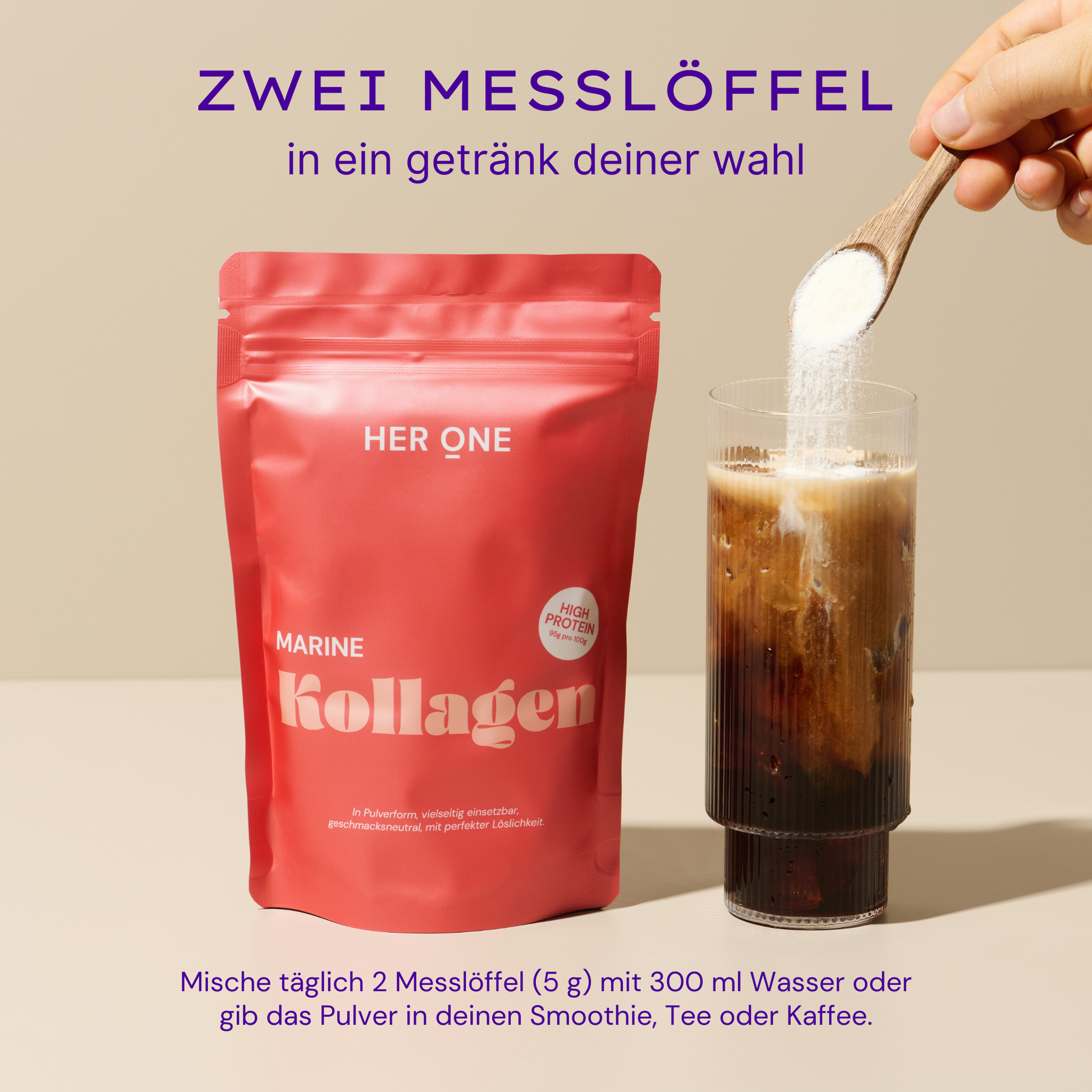 Red collagen powder next to glass, into which powder from a wooden spoon is stirred.