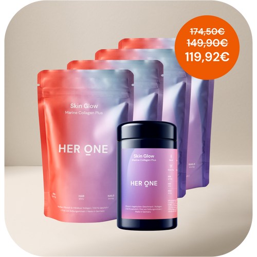 Products from "HerOne" with the label "SkinGlowMarineCollagenPlus" and a discount price in an orange circle.