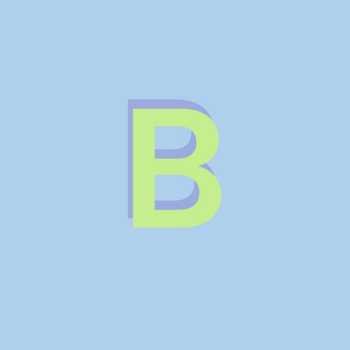 Large light green letter "B" on a light blue background.