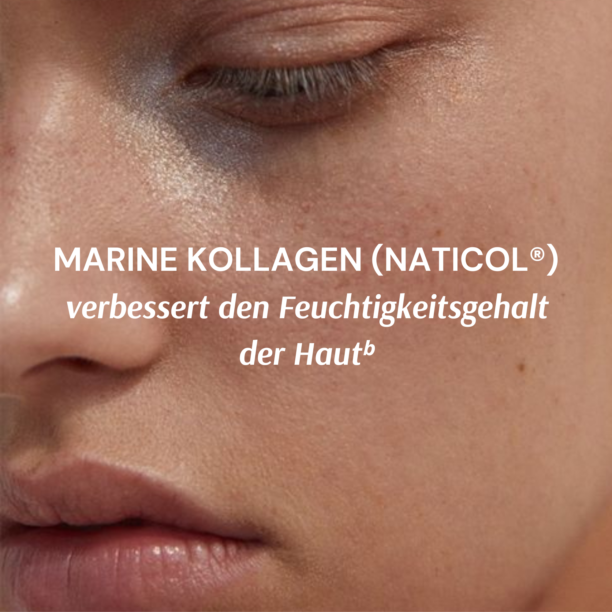 Close-up of a face with closed eyes, text about marine collagen that improves skin hydration.