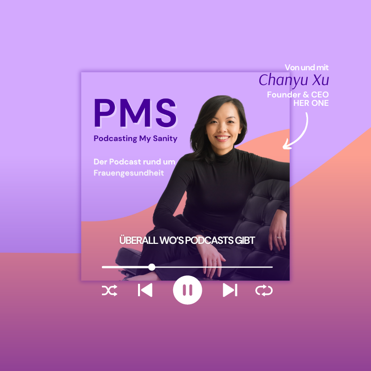 A woman sits and smiles on a promo picture for the podcast "PMS-Podcasting MySanity" about women's health.