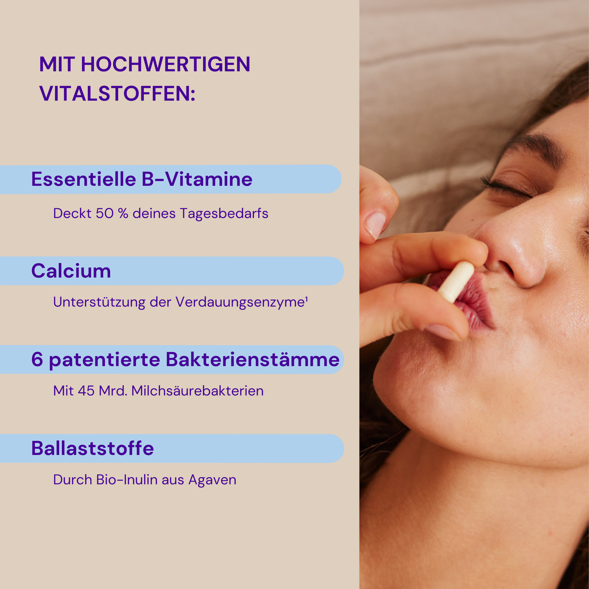 A woman takes a pill, next to it is information on vital substances such as vitamins and bacterial strains.
