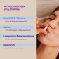 A woman takes a pill, next to it is information on vital substances such as vitamins and bacterial strains.