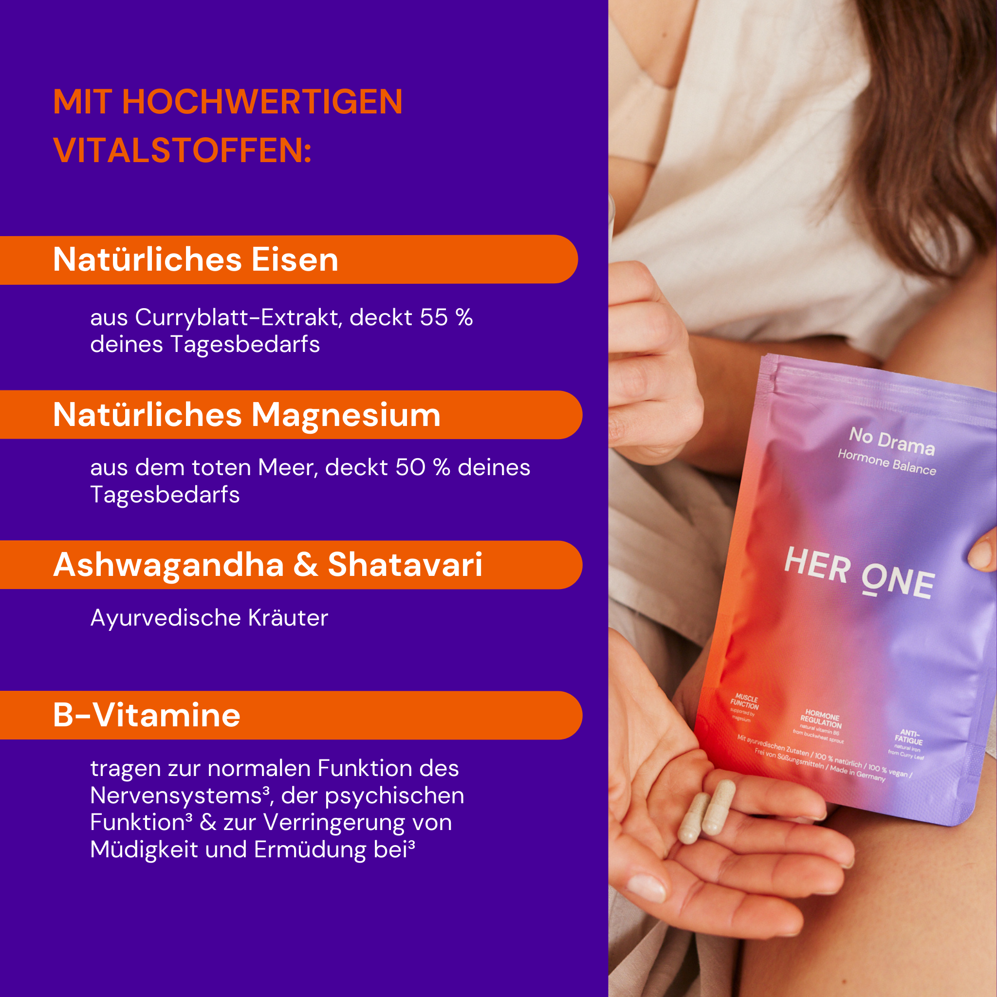 On the right-hand side, NO DRAMA and a pair of no DRAMA capsules are held in a woman's lap. The text column on the left deals with vital substances contained in the food supplement. 