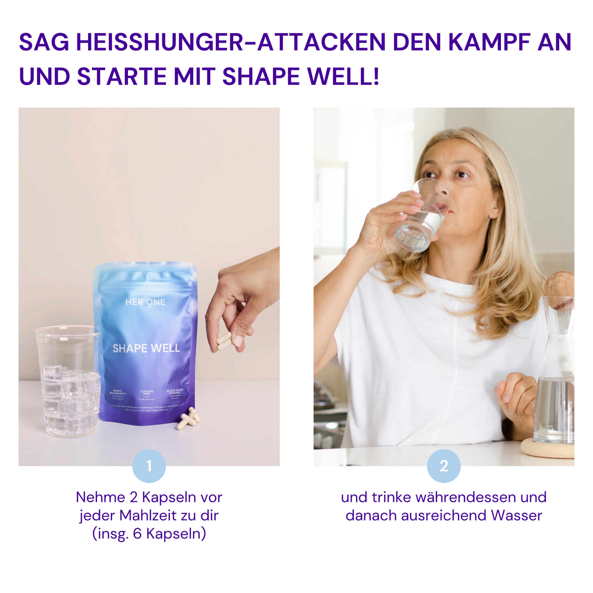 One hand takes capsules from a packet, next to it a woman drinking water.