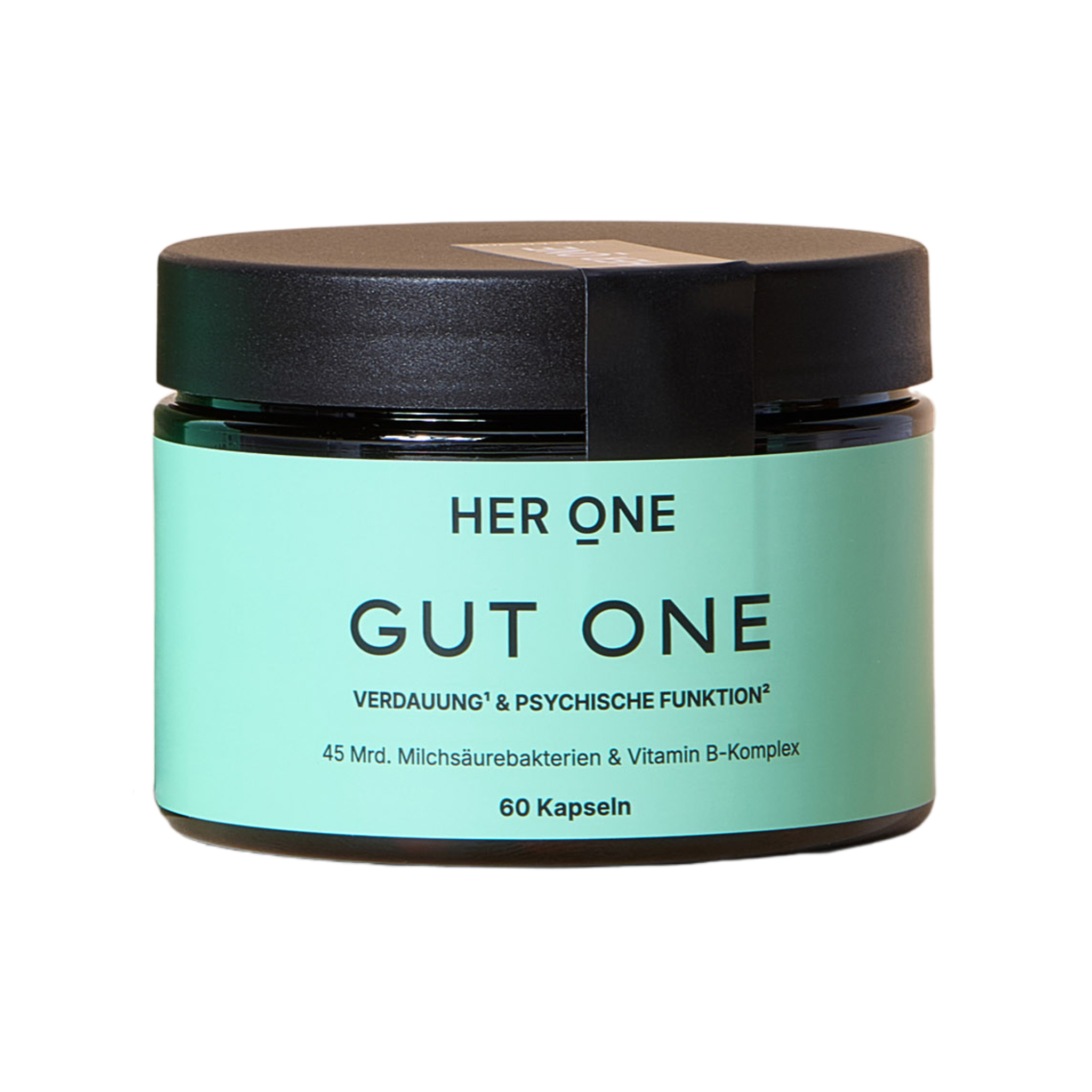 One can of HER ONE GUT ONE a mint green label, black lid, and 60 capsules inside