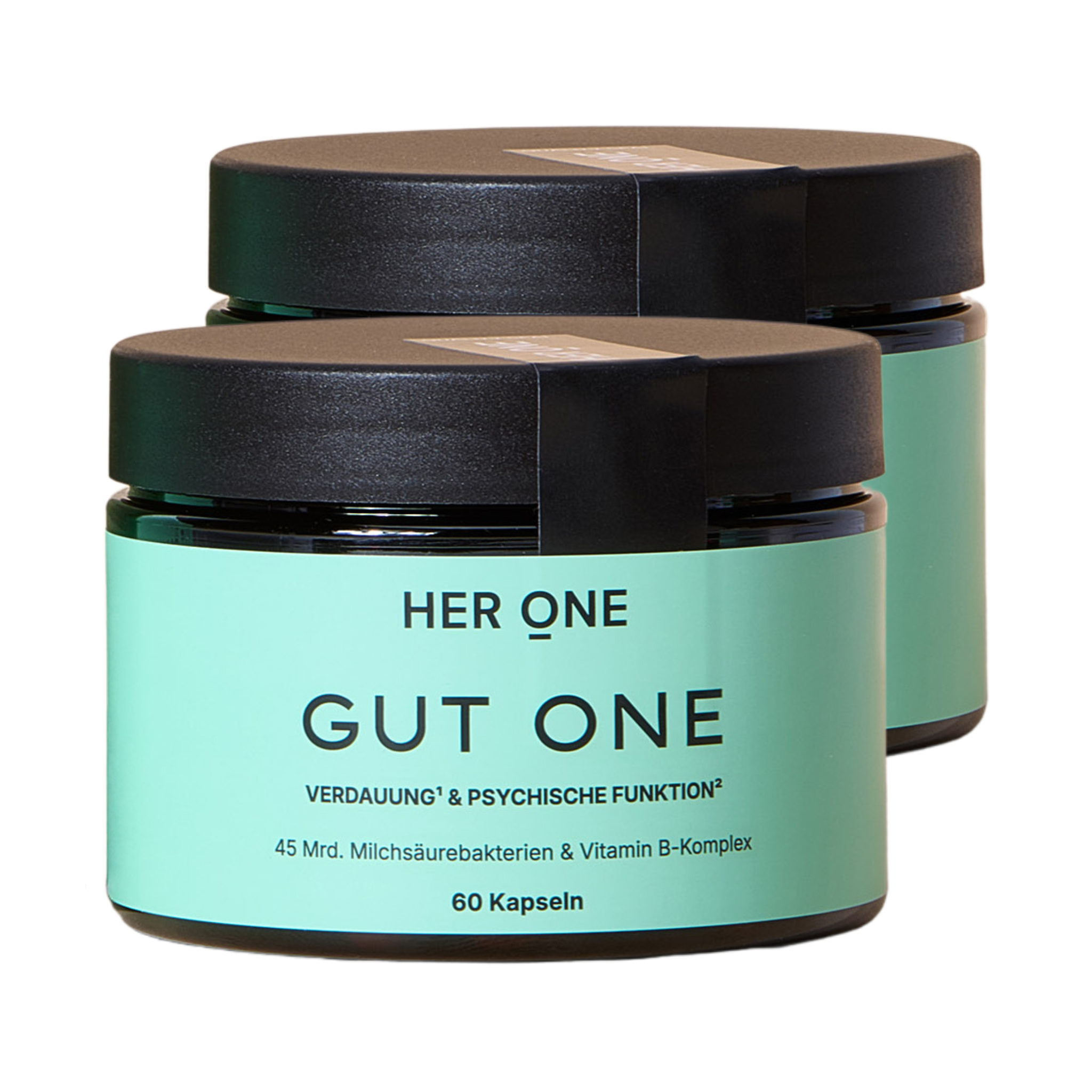 Two cans of HER ONE GUT ONE mint green labels and black lids, 60 capsules per can