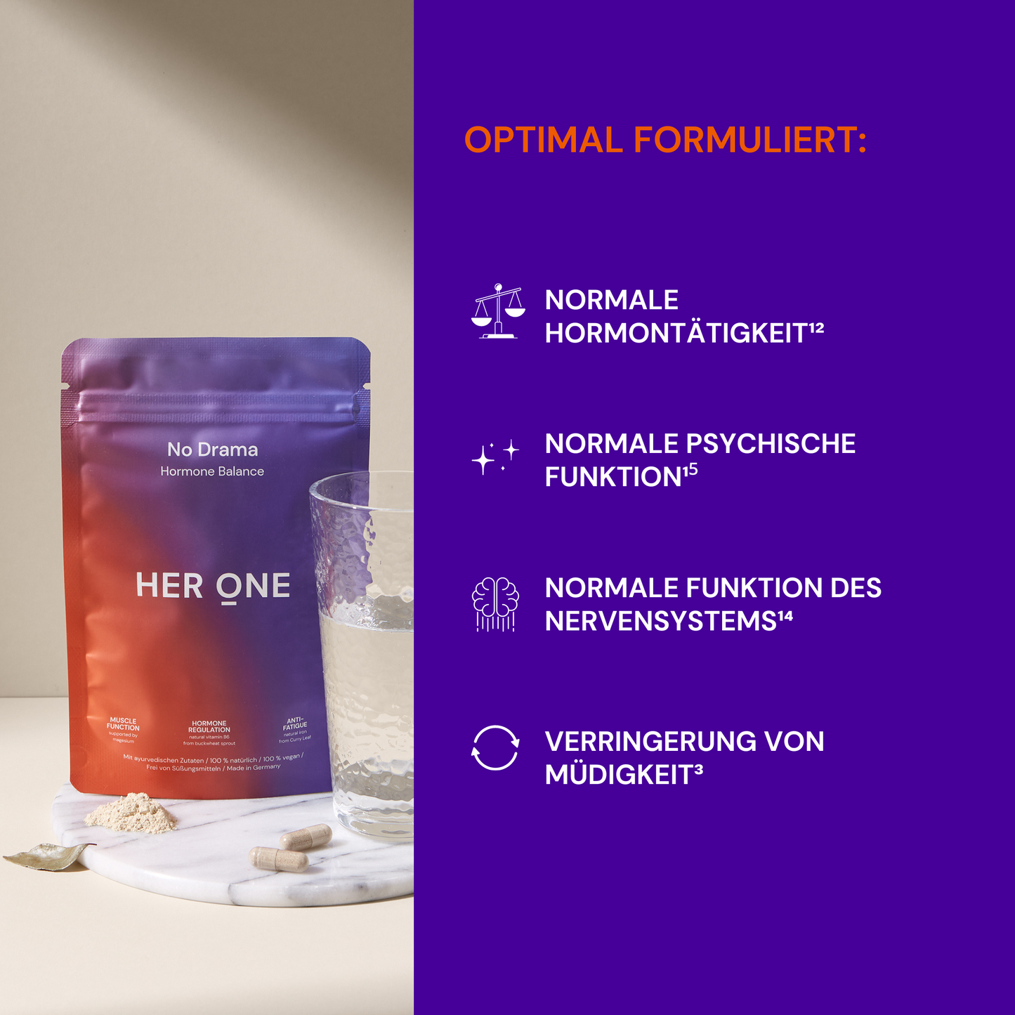 A package with food supplements and a glass of water in front of a purple information board with text.
