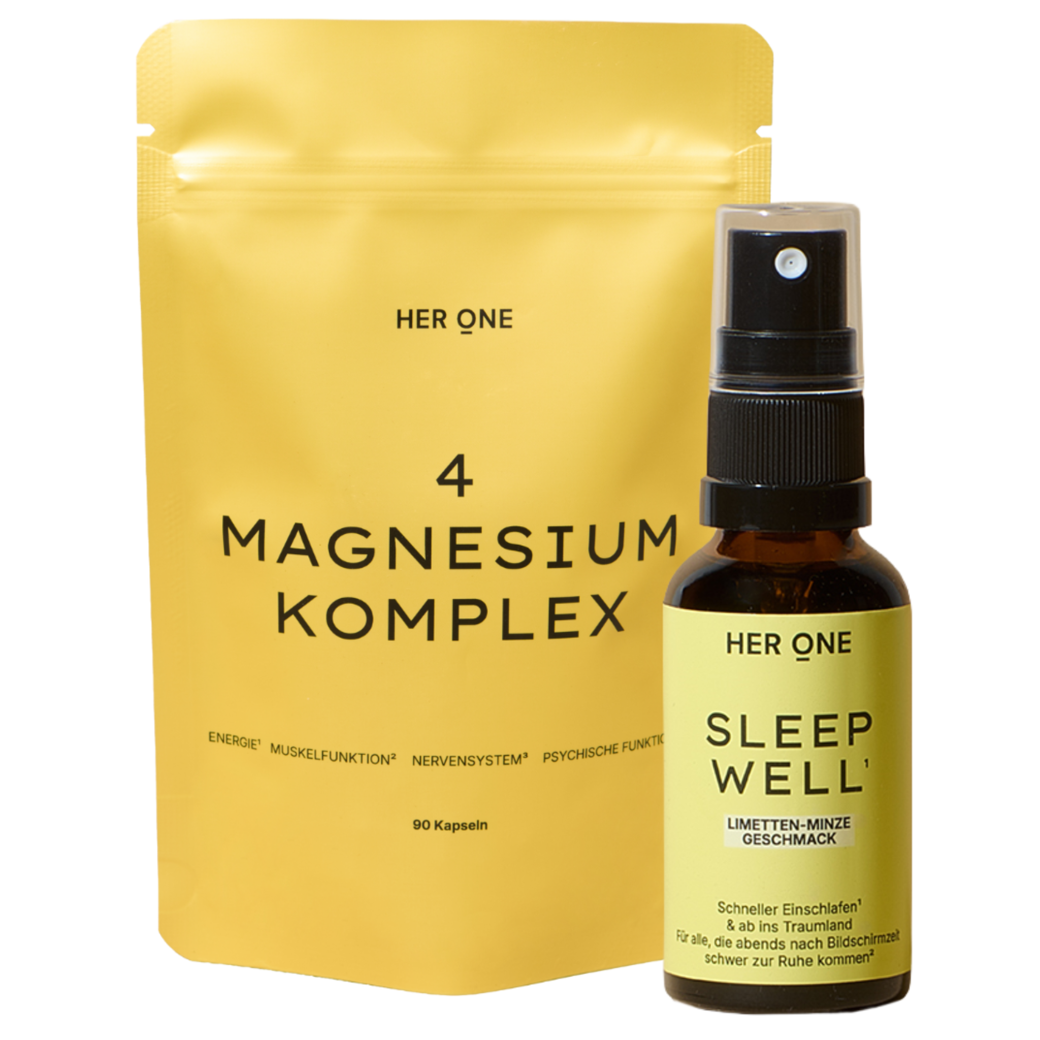 Her One Bundle Magnesium Complex Capsules & Sleep Well Spray. Support for nerves, muscles and sleep.