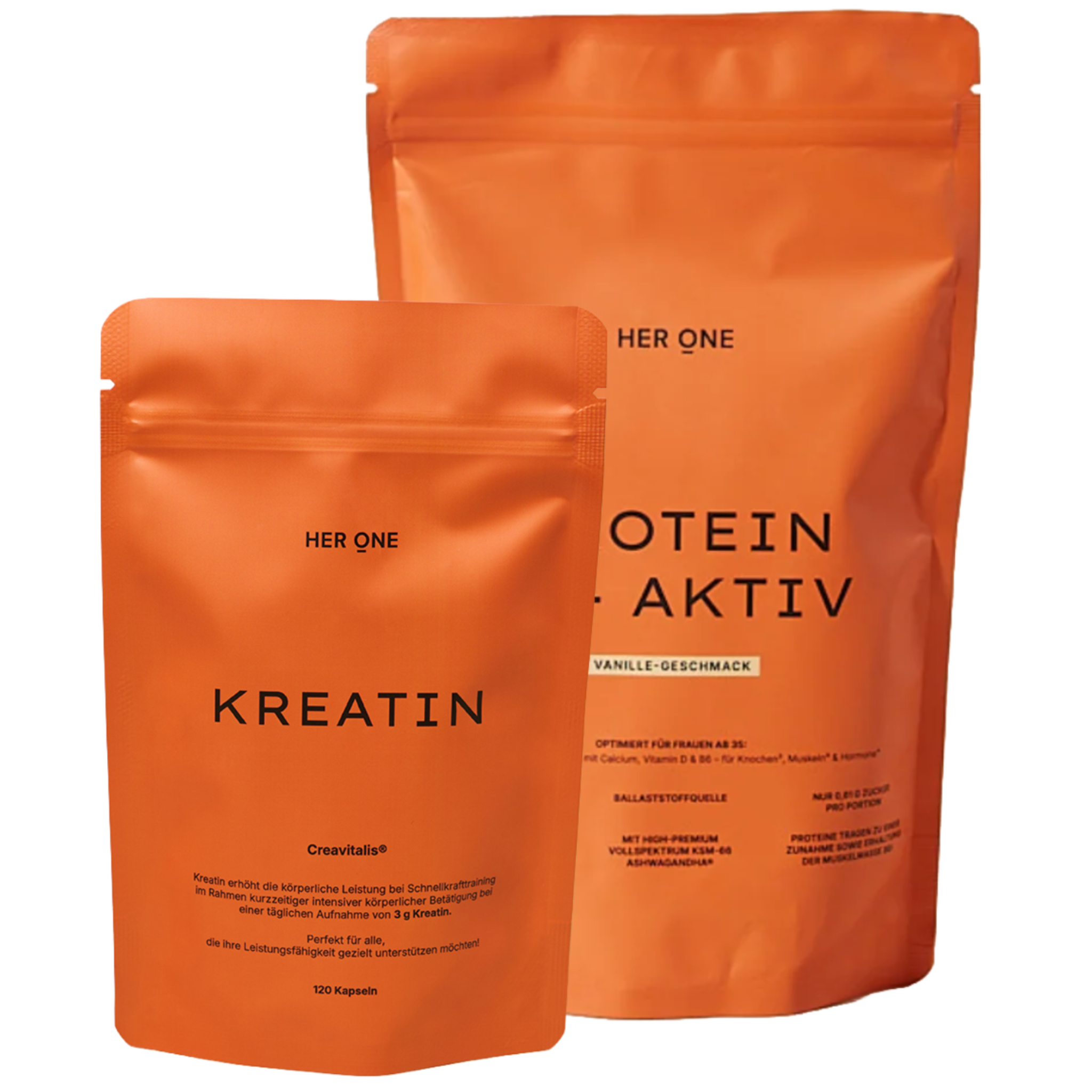 Her One Bundle Creatine Capsules & PROTEIN 35+ AKTIV. Support for performance and muscle maintenance from the age of 35.