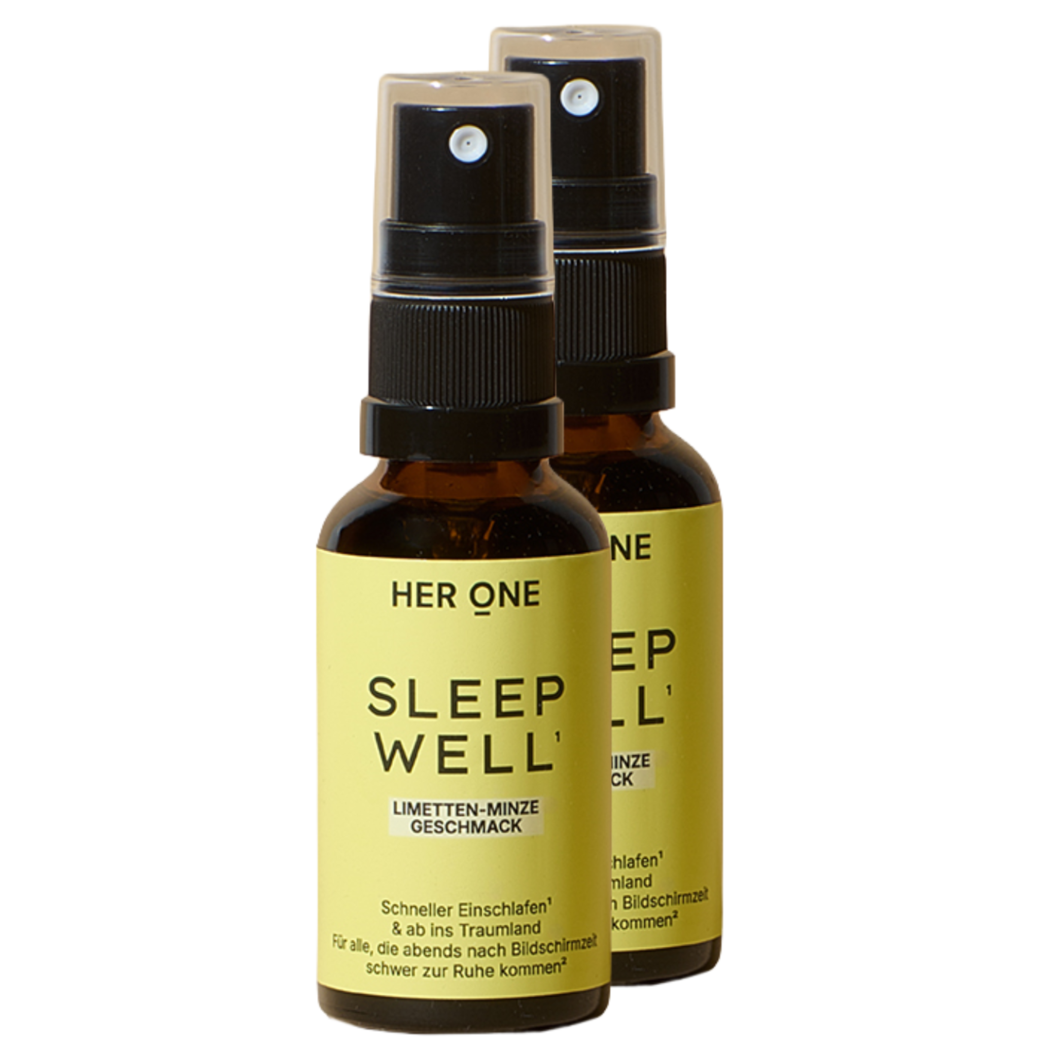 Double pack of Her One Sleep Well lime-mint spray. For falling asleep faster after screen time.