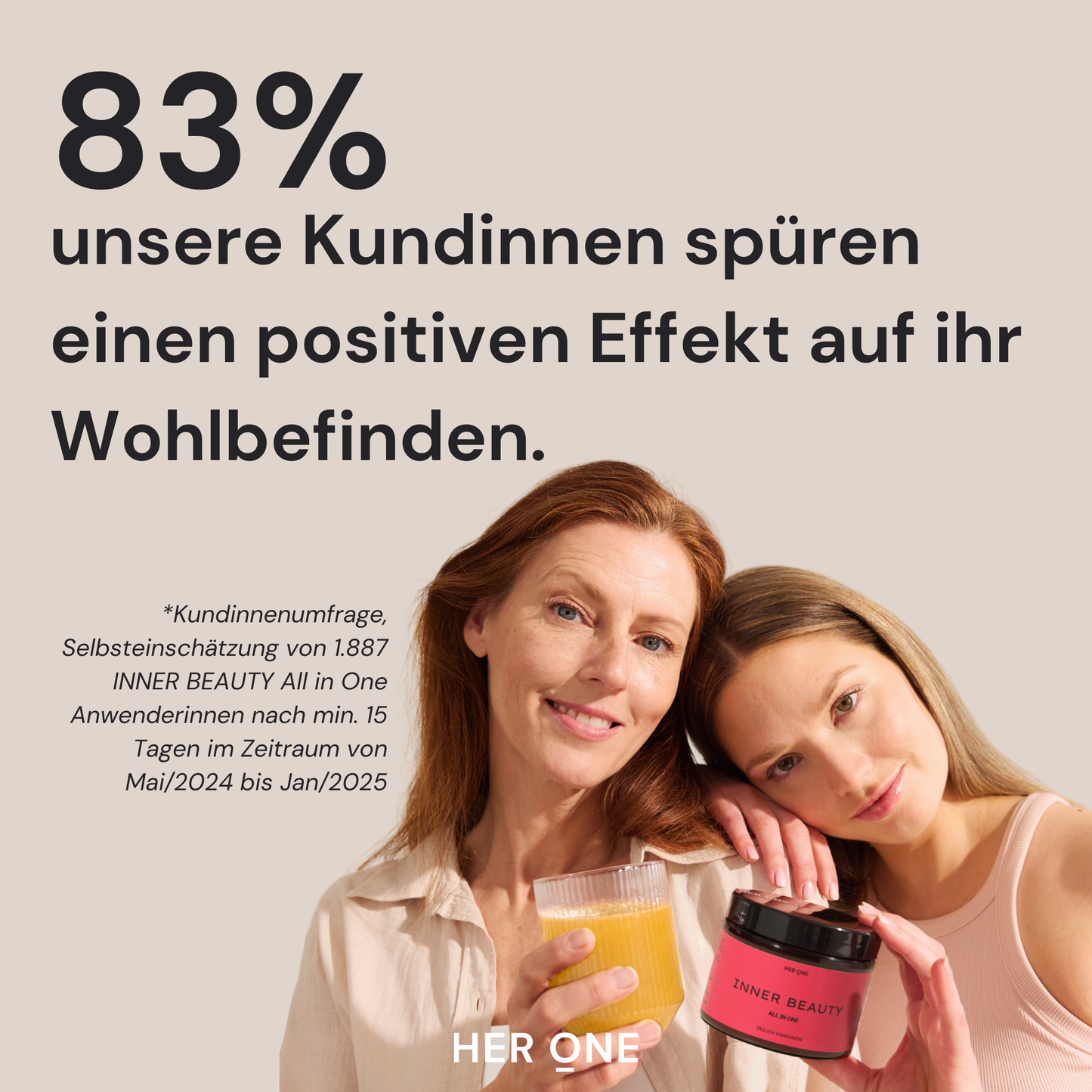 Two customers with HER ONE product. Statement: 83% feel a positive effect on their well-being (result of a customer survey).