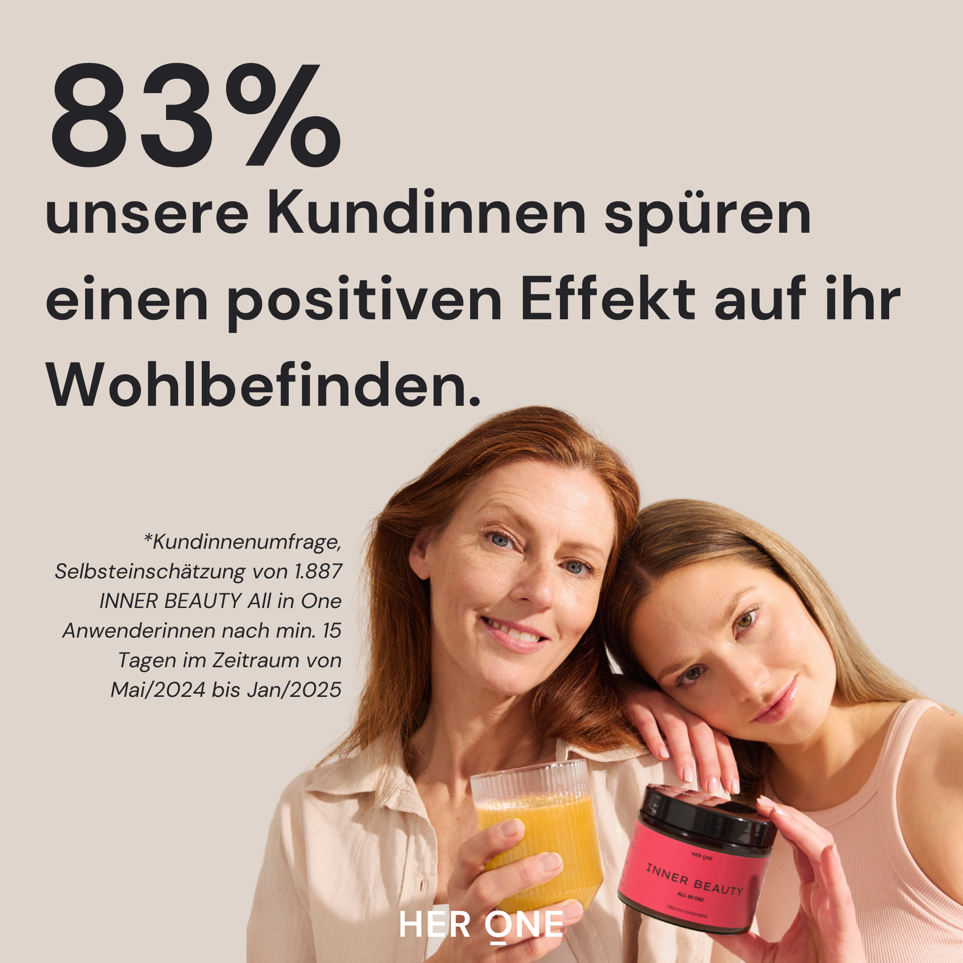 Two customers with HER ONE product. Statement: 83% feel a positive effect on their well-being (result of a customer survey).