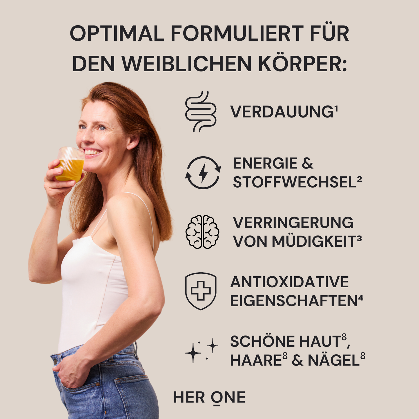 Infographic Benefits of female body: digestion, energy/metabolism, fatigue reduction, antioxidants, skin/hair/nails.