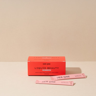 Her One LIQUID BEAUTY Drinkable Collagen (Strawberry). 15 servings. Box with two individual sachets. Contains VERISOL collagen.