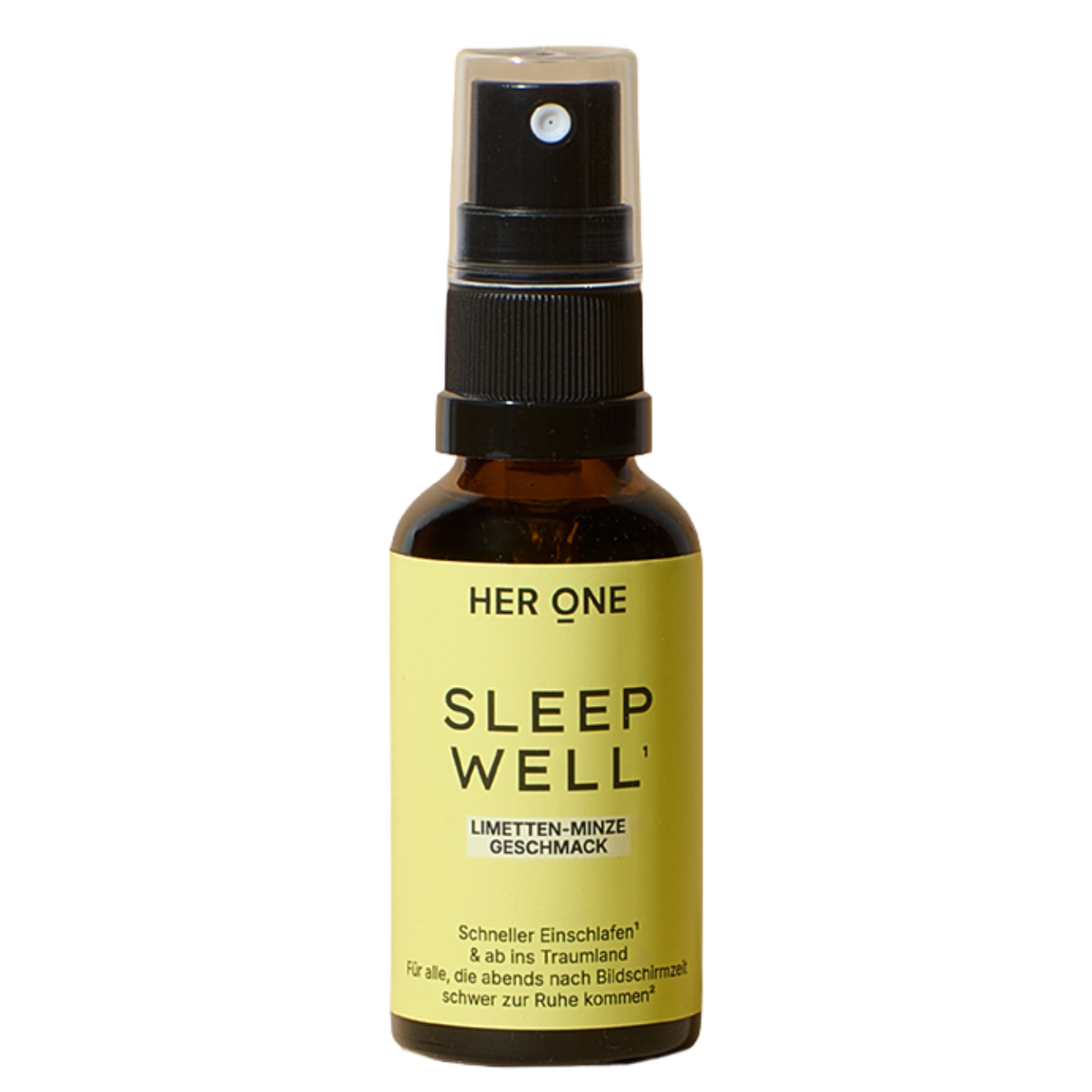 Her One Sleep Well lime-mint spray for falling asleep faster. Food supplement