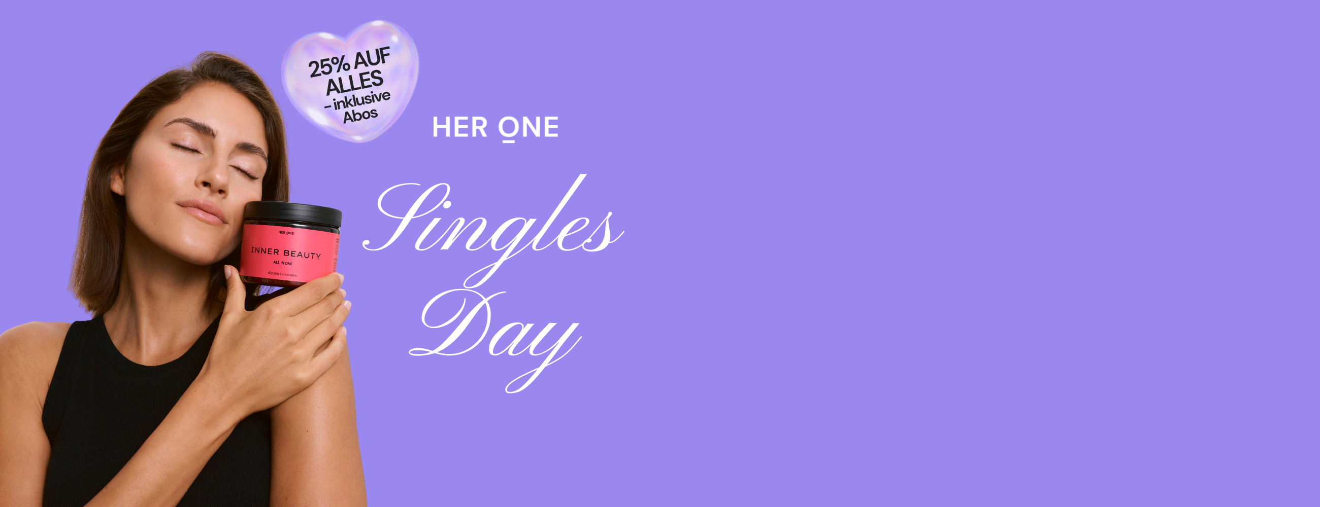 Woman holding INNER BEAUTY All in One product in front of purple background. Text: Singles Day -25 % off everything - including subscriptions
