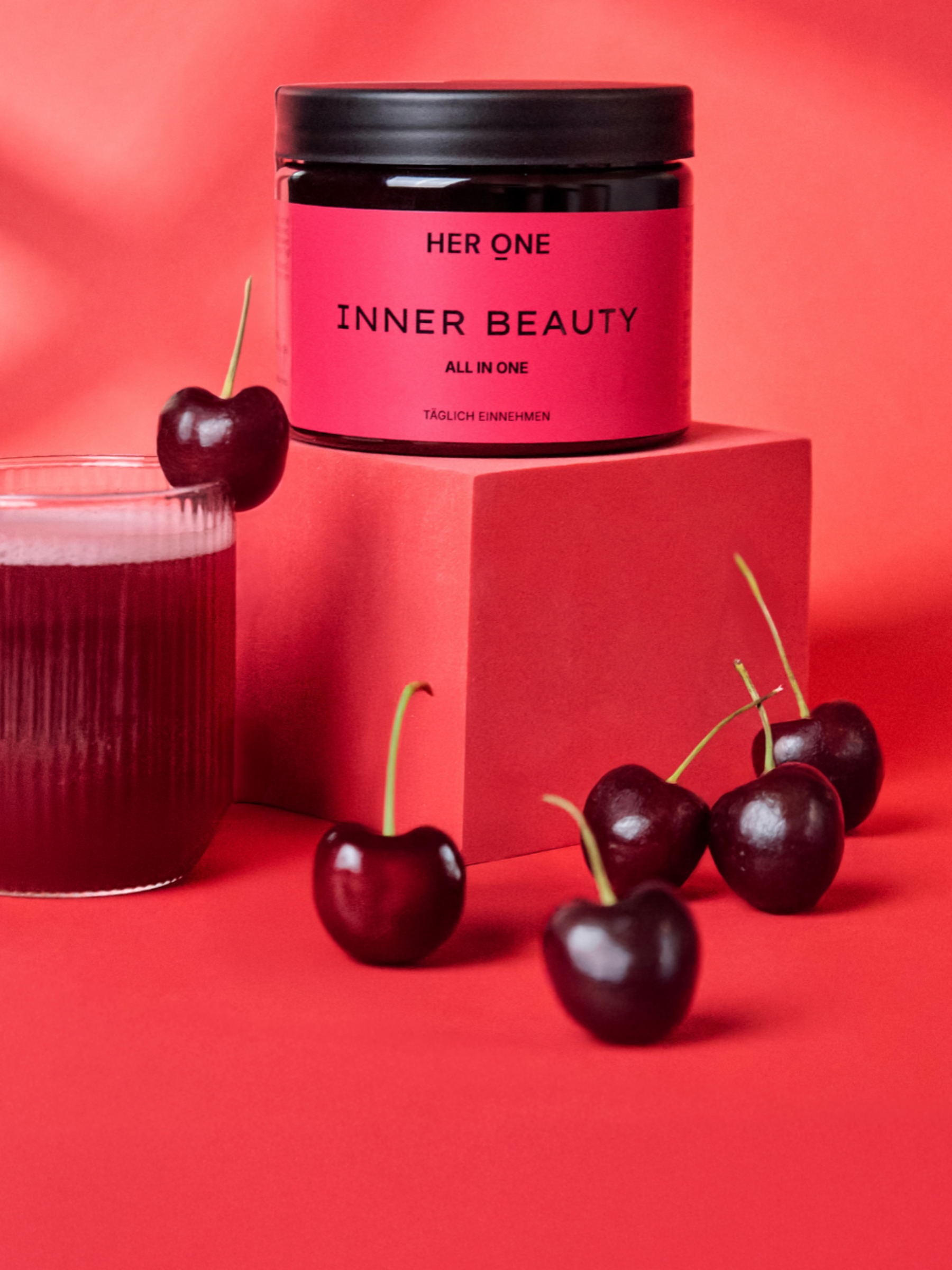 INNER BEAUTY in One Cherry Flavor is a daily drink with essential nutrients to support well-being, energy, and balance.