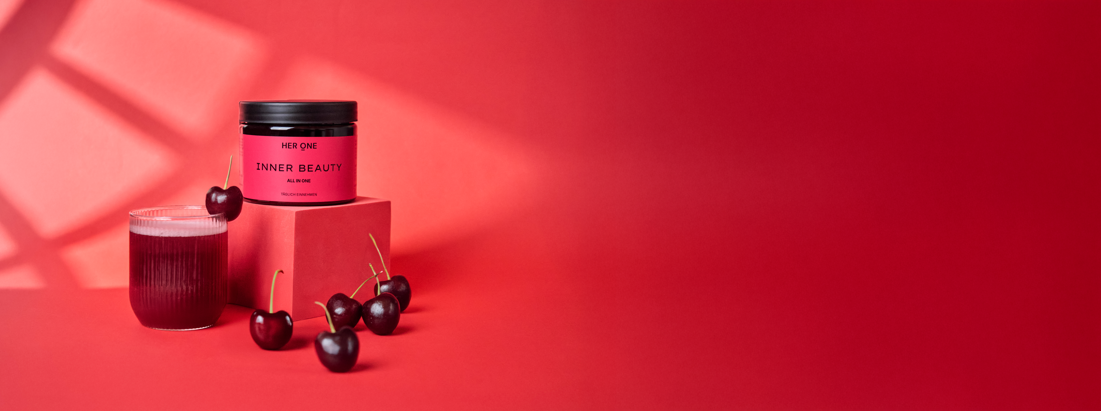 INNER BEAUTY in One Cherry Flavor is a daily drink with essential nutrients to support well-being, energy, and balance.