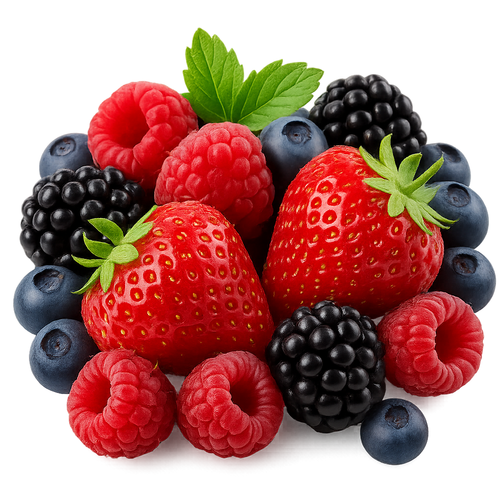 An arrangement of fresh strawberries, raspberries, blackberries and blueberries surrounded by green leaves.