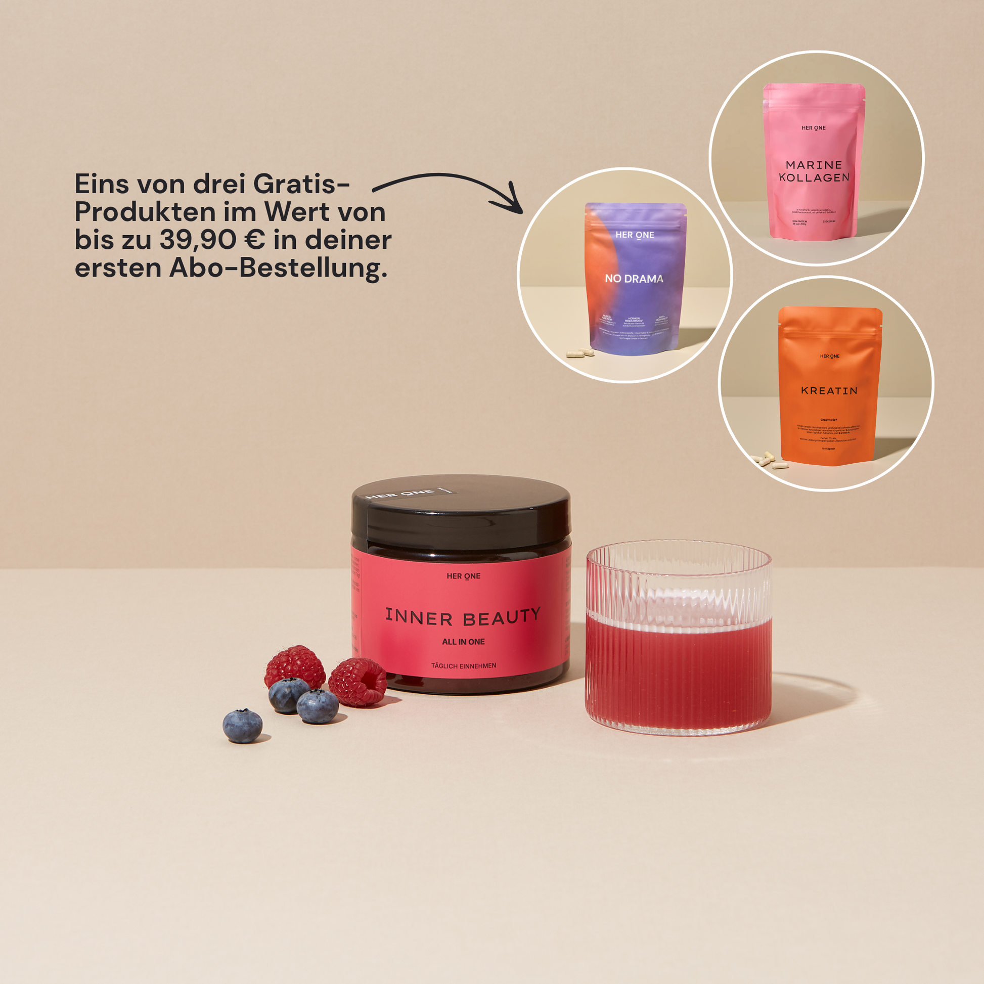 HER ONE Inner Beauty berry flavor with free product selection: Marine Collagen, No Drama or Creatine.
