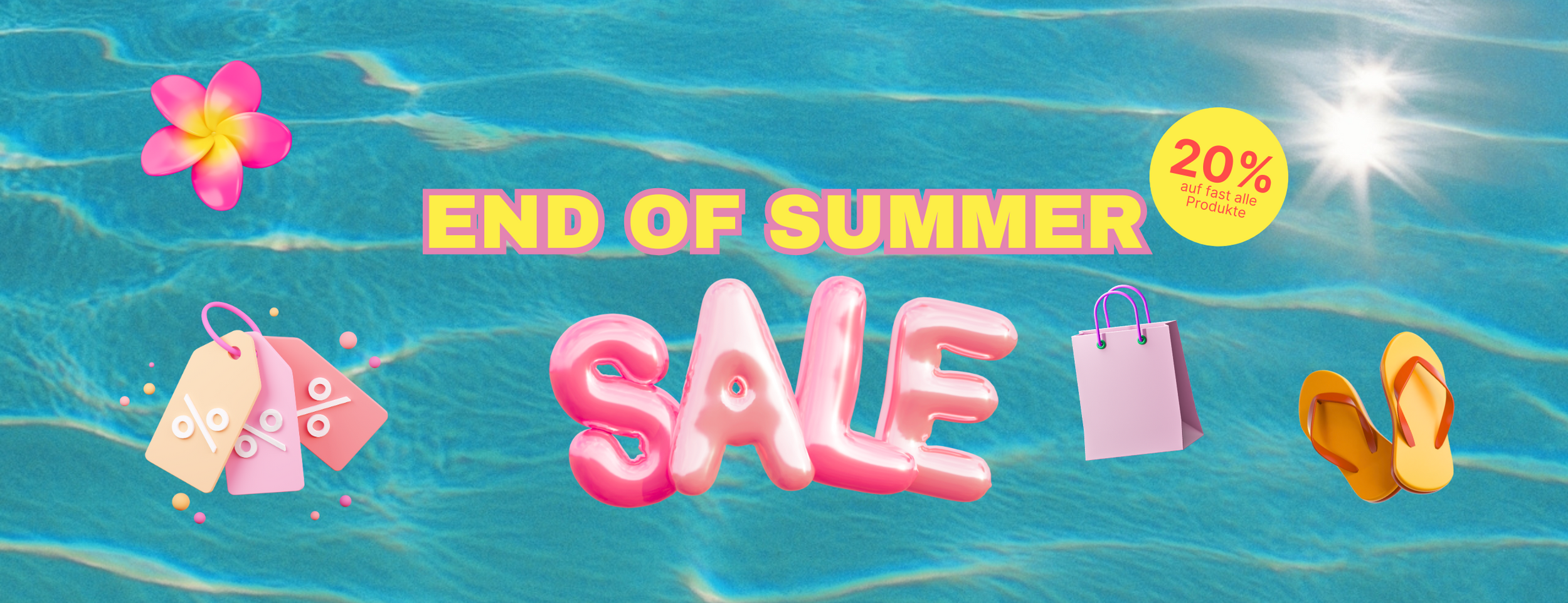End of Summer Sale banner with pink lettering, flower and note: 20% discount on almost all products