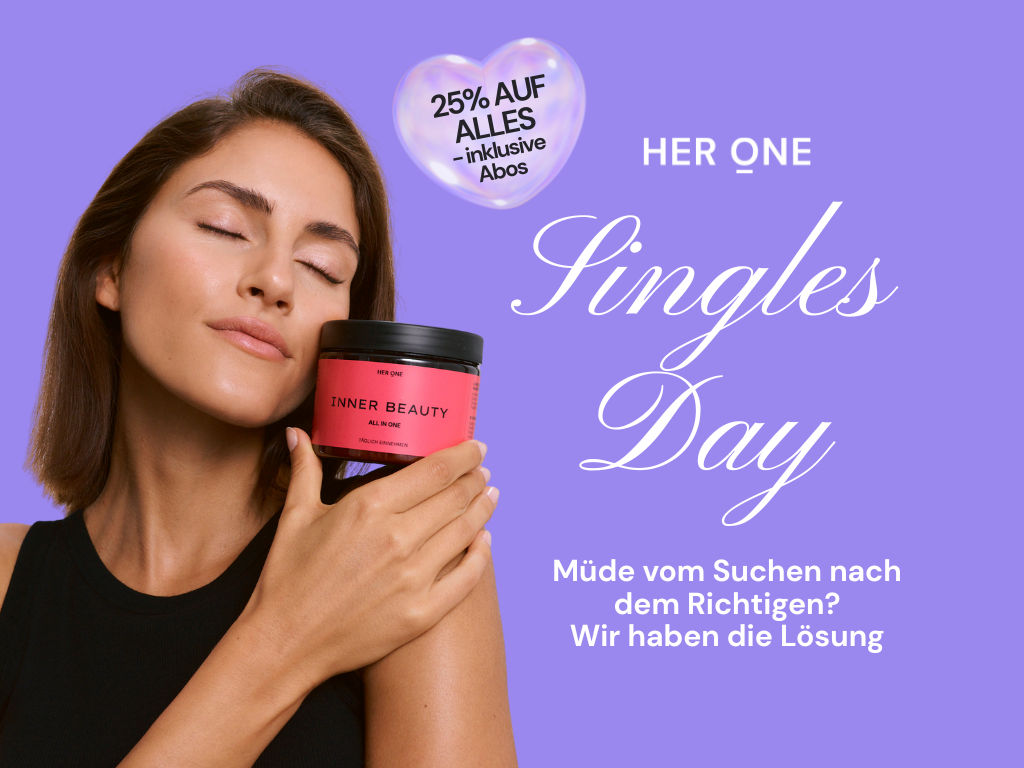 Woman holding INNER BEAUTY All in One product in front of purple background. Text: Singles Day -25 % off everything - including subscriptions