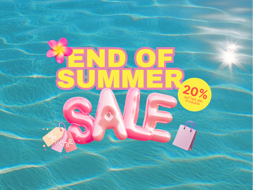 End of Summer Sale banner with pink lettering, flower and note: 20% discount on almost all products